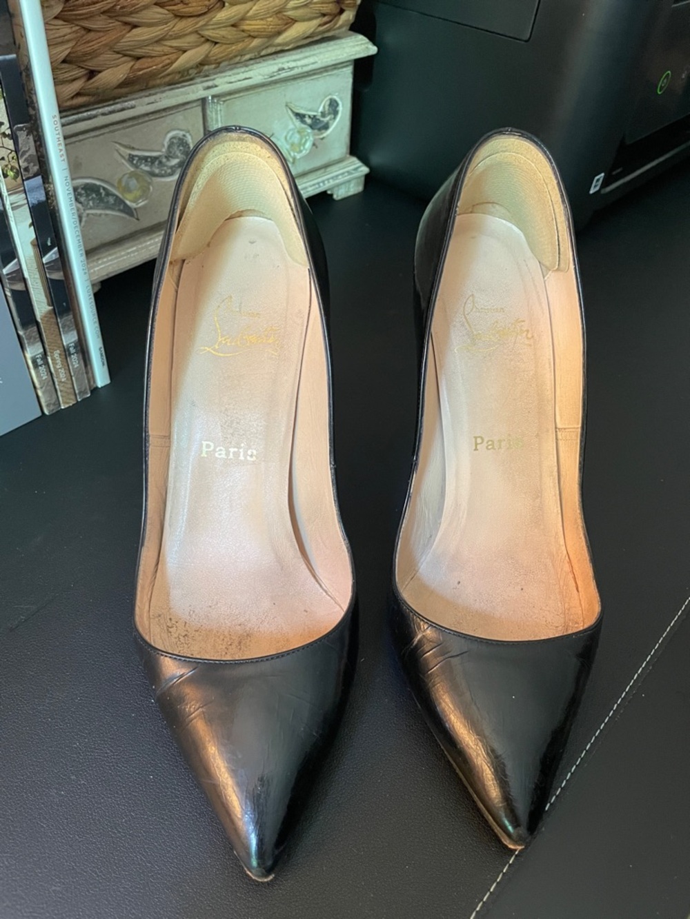 Christian Louboutin Black Patent Pointed-Toe Pumps with Signature Silhouette